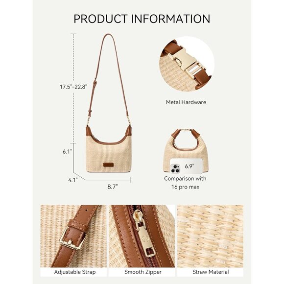 Elegant Brown Straw Crossbody Bag: Lightweight Raffia Purse for Day & Night - Picture 4 of 6